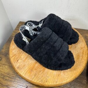 UGG Fluffita Black Sheepskin Shearling Logo Slingback Platform Slides Womens 9